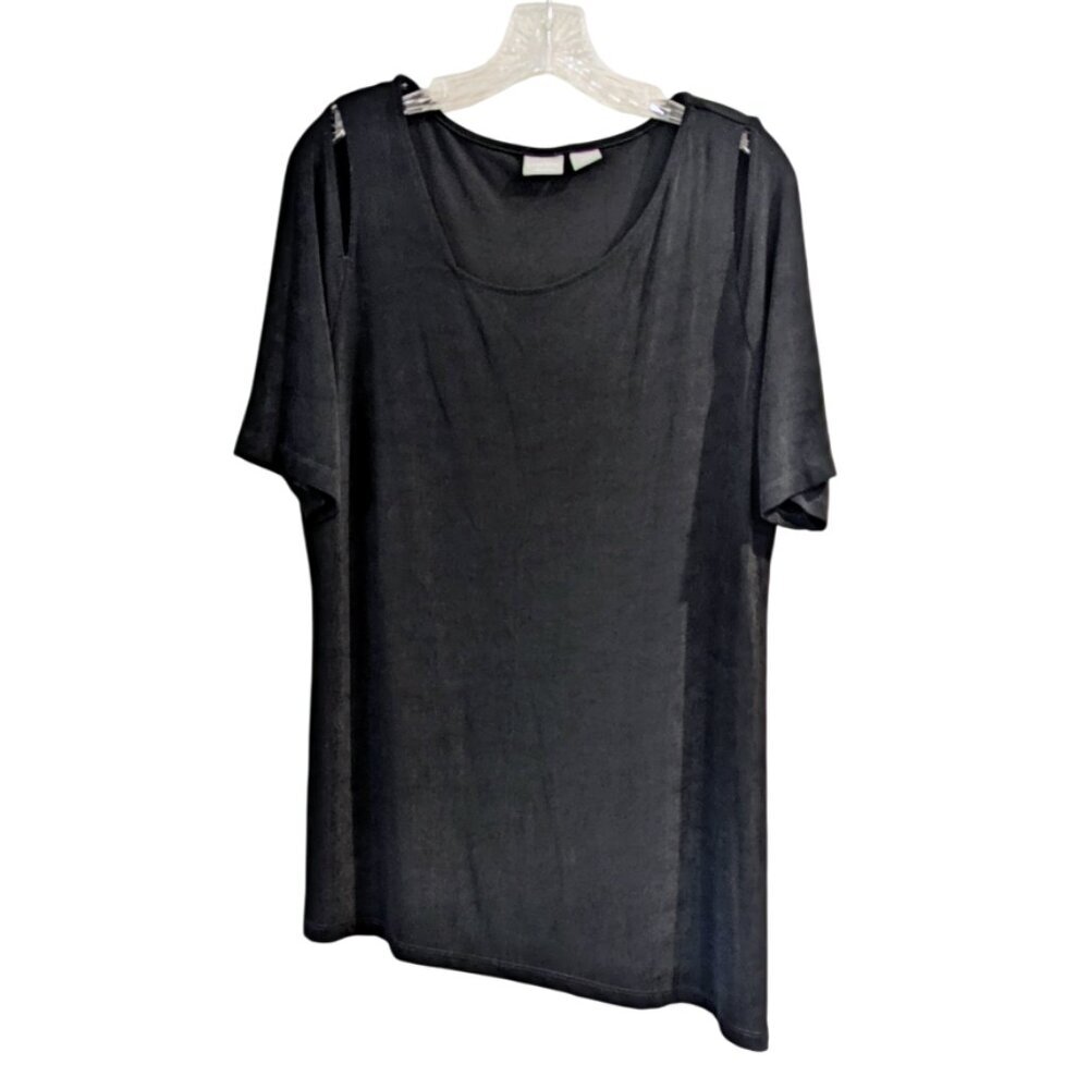 CHICO'S Travelers Cutout Slinky Top 2/L/12/14 Black Short Sleeve Asymmetrical
